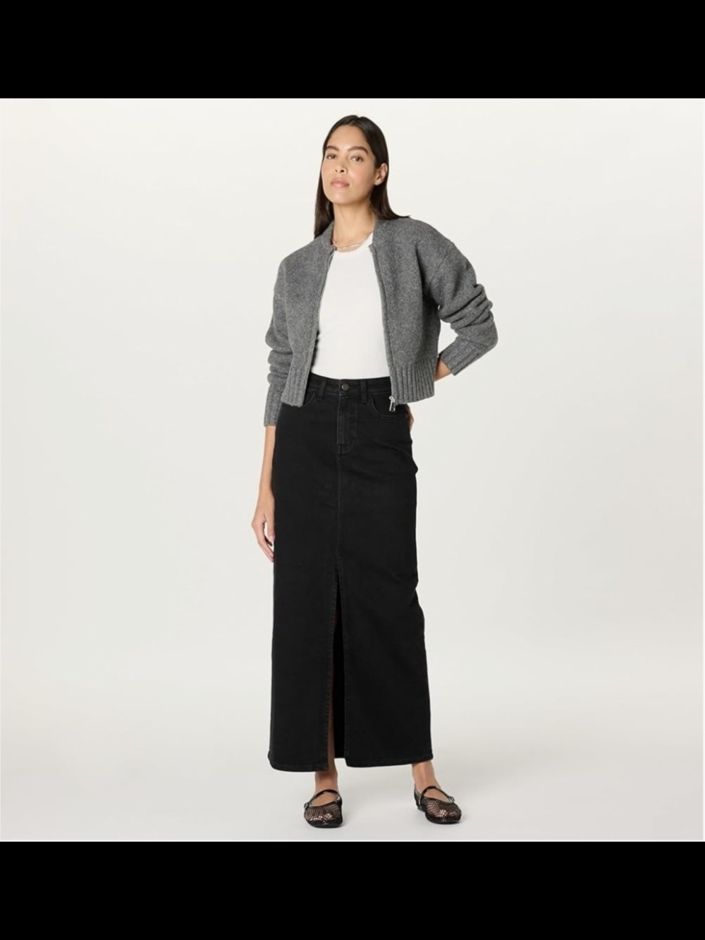 NWT The Drop Black Denim Maxi Skirt Size M Front Slit